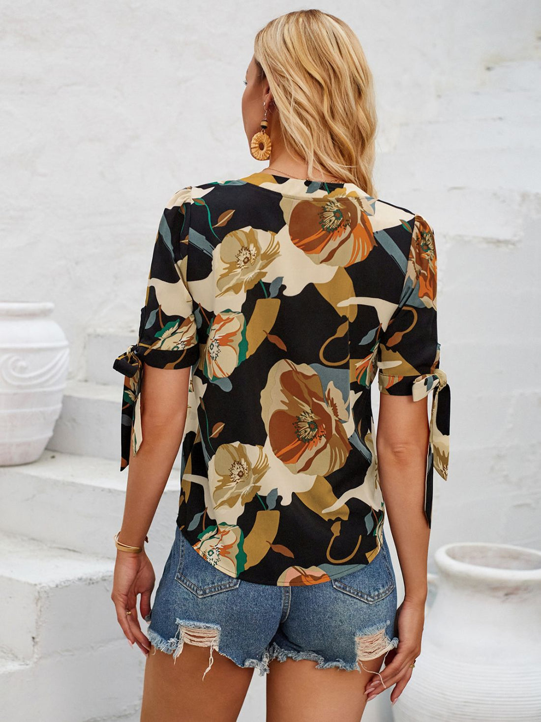 Tied Printed Notched Short Sleeve Blouse