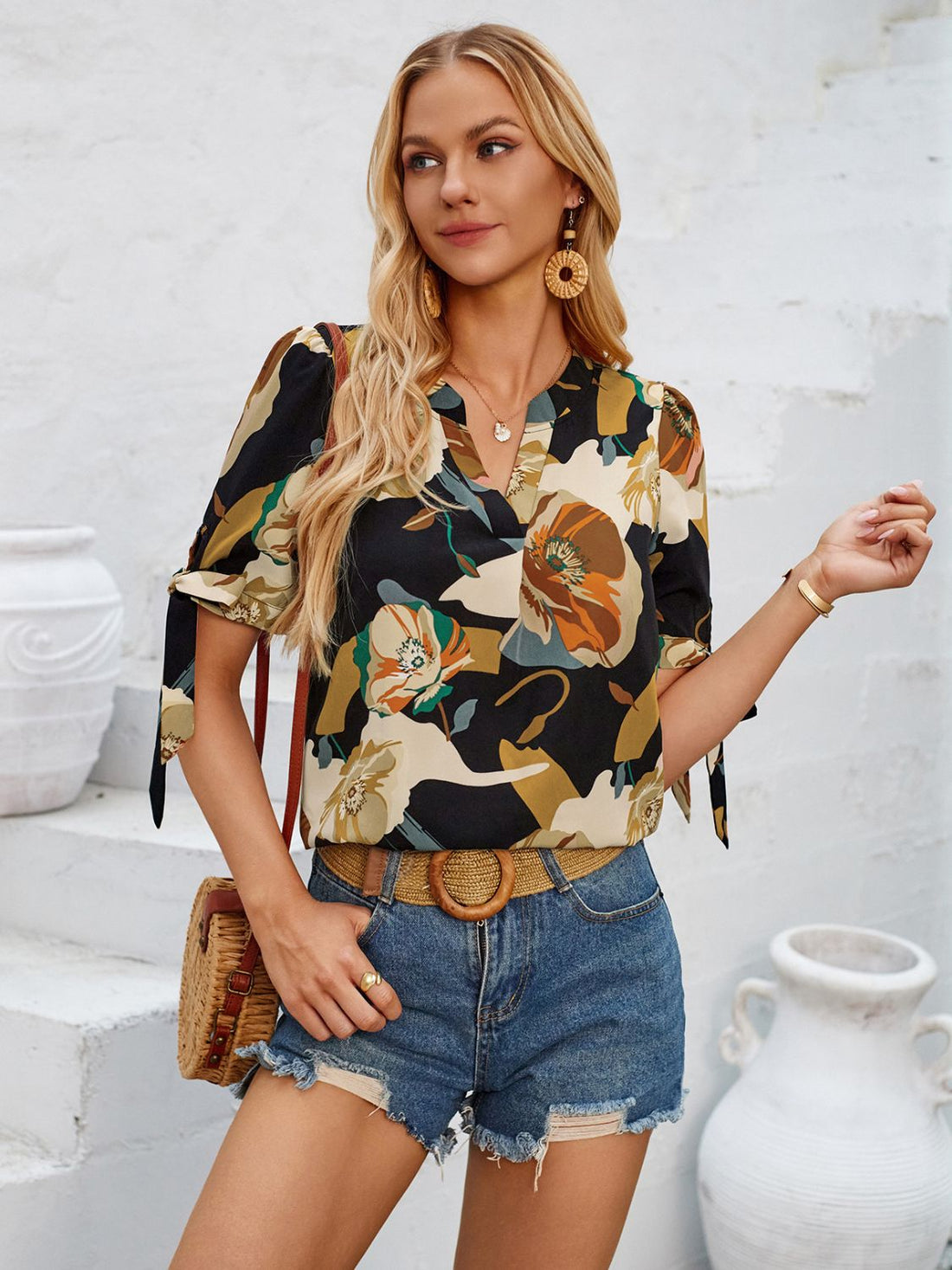 Tied Printed Notched Short Sleeve Blouse