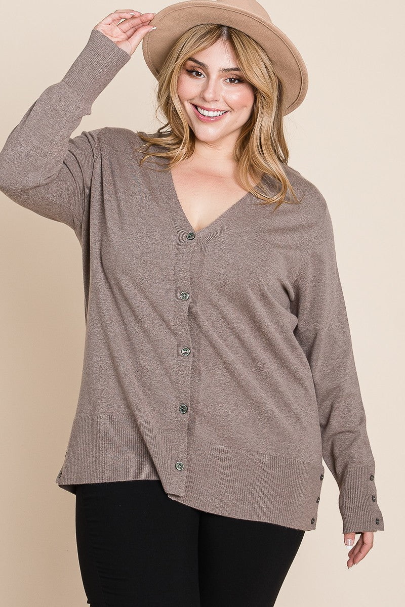 Plus Size Solid Buttery Soft V Neck Button Up High Quality Two Tone Knit Cardigan