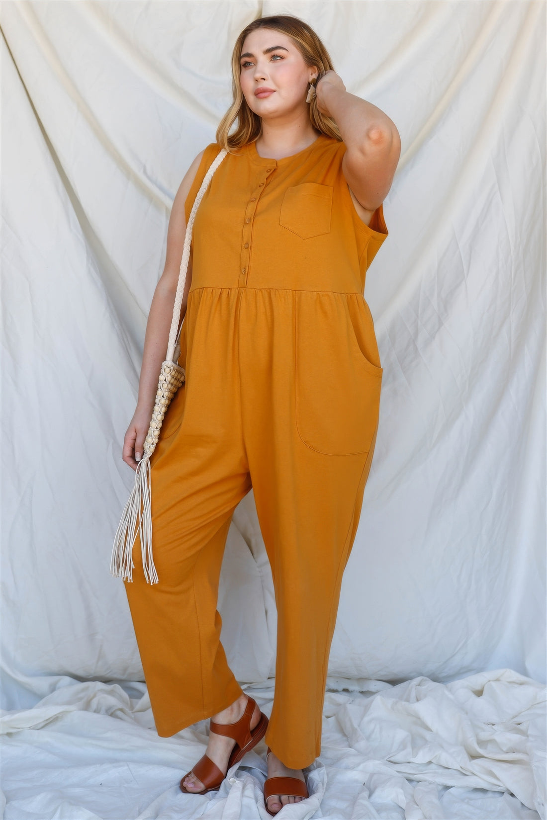 Plus Cotton Front Button Up Detail Sleeveless Jumpsuit