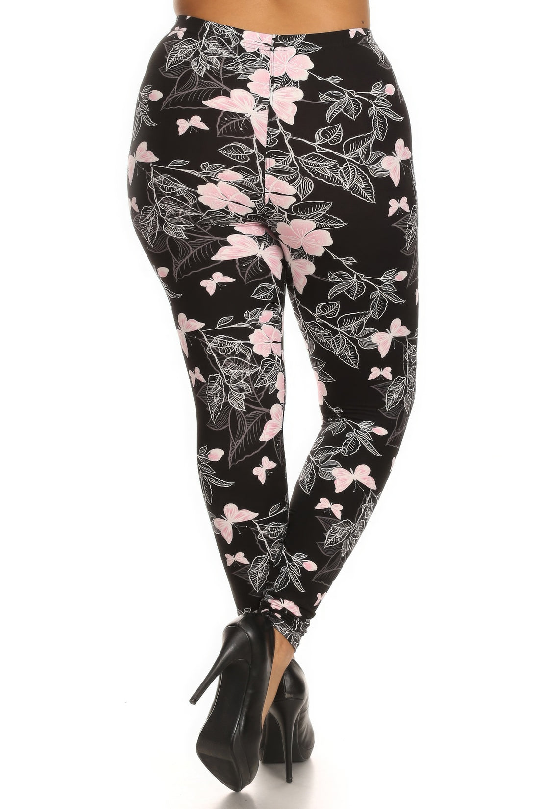 Plus Size Super Soft Peach Skin Fabric, Butterfly Graphic Printed Knit Legging With Elastic Waist Detail