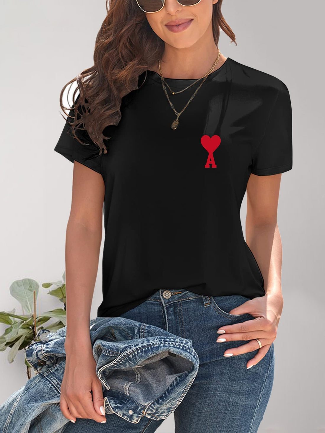 Heart Round Neck Short Sleeve T-Shirt