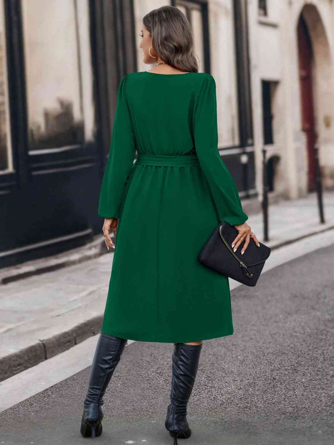 Buttoned Tie Front Long Sleeve Asymmetrical Neck Dress