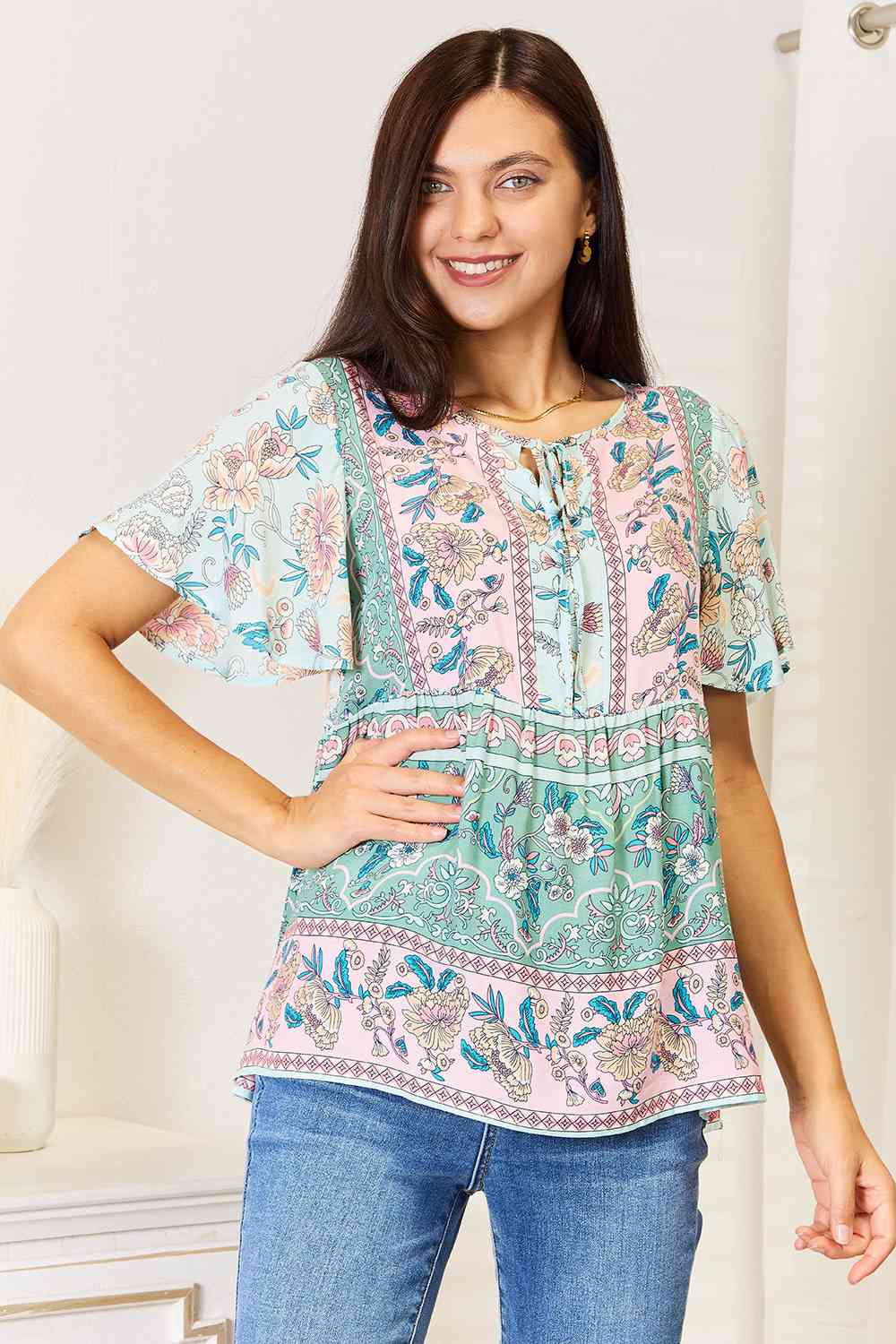 Double Take Floral Tie Neck Short Sleeve Blouse