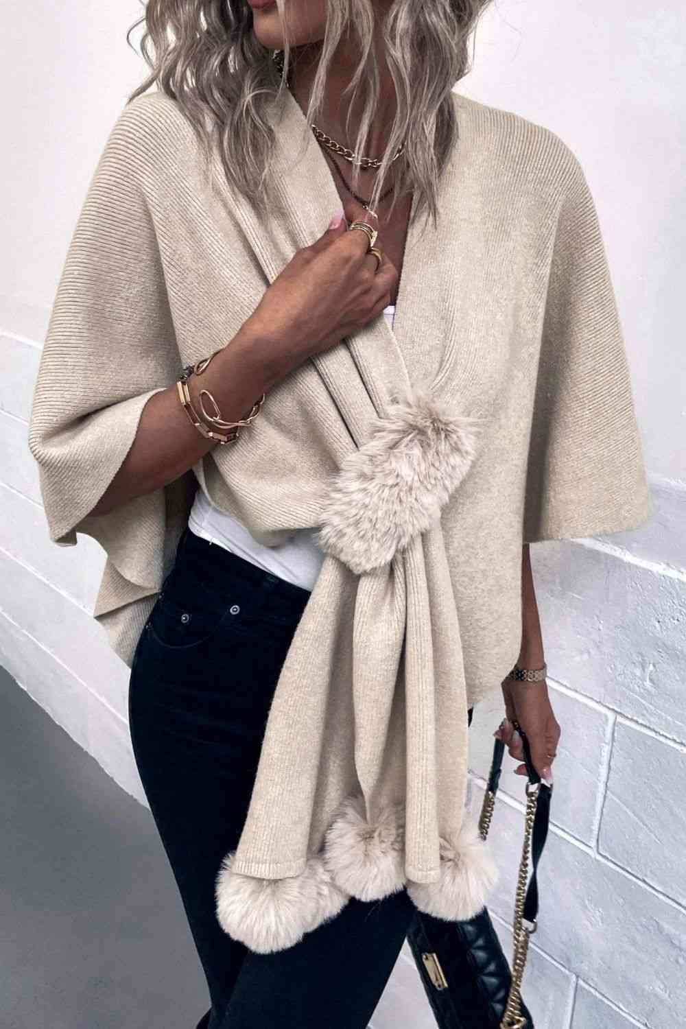 Surplice Neck Pom-Pom Trim Poncho