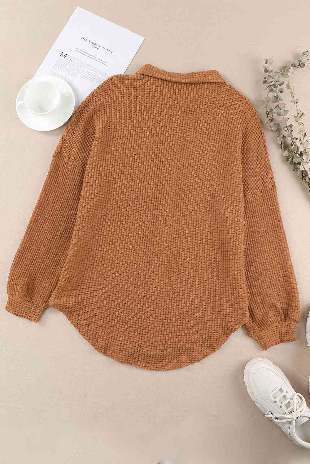 Waffle-Knit Button Up Long Sleeve Shirt with Pocket