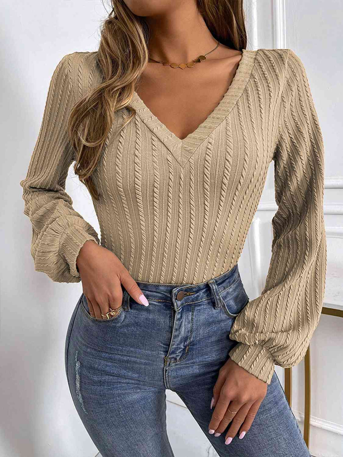 Ribbed V-Neck Lantern Sleeve Top