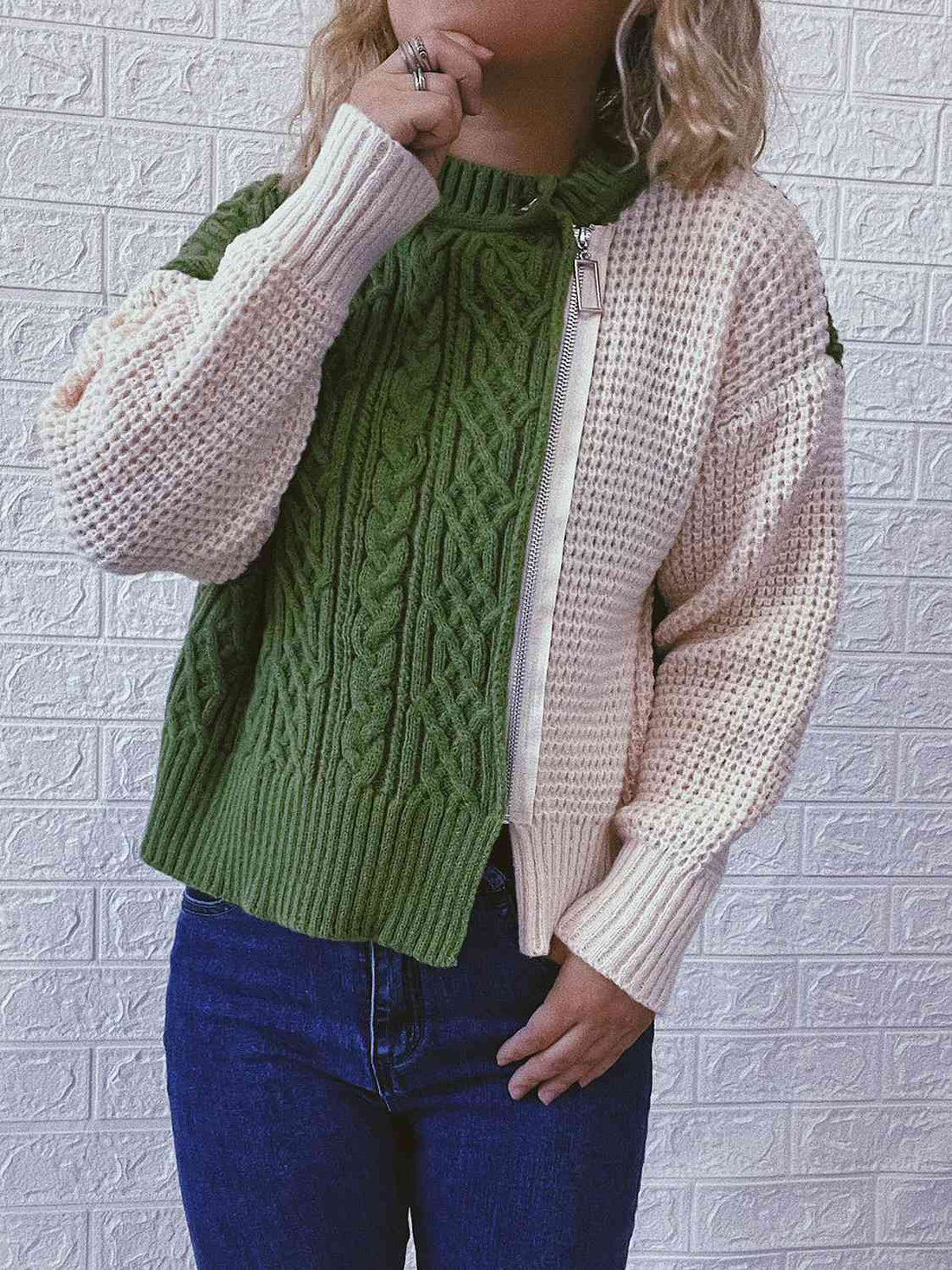 Cable-Knit Contrast Zip-Up Cardigan