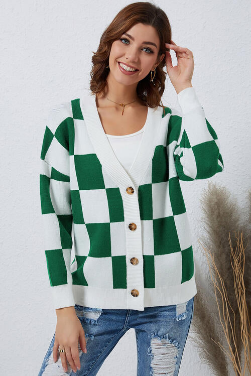 Checkered Button-Up Dropped Shoulder Cardigan