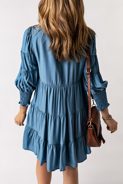 Ruched Round Neck Lantern Sleeve Dress