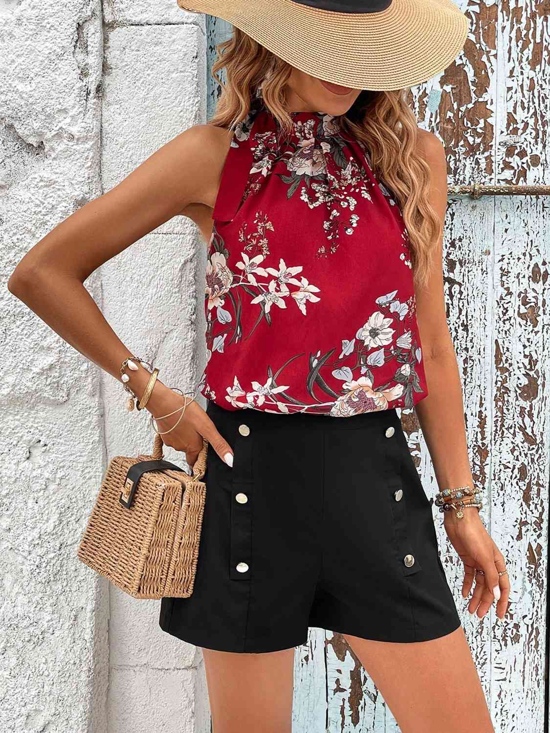 Floral Tied Mock Neck Sleeveless Top and Buttoned Shorts Set