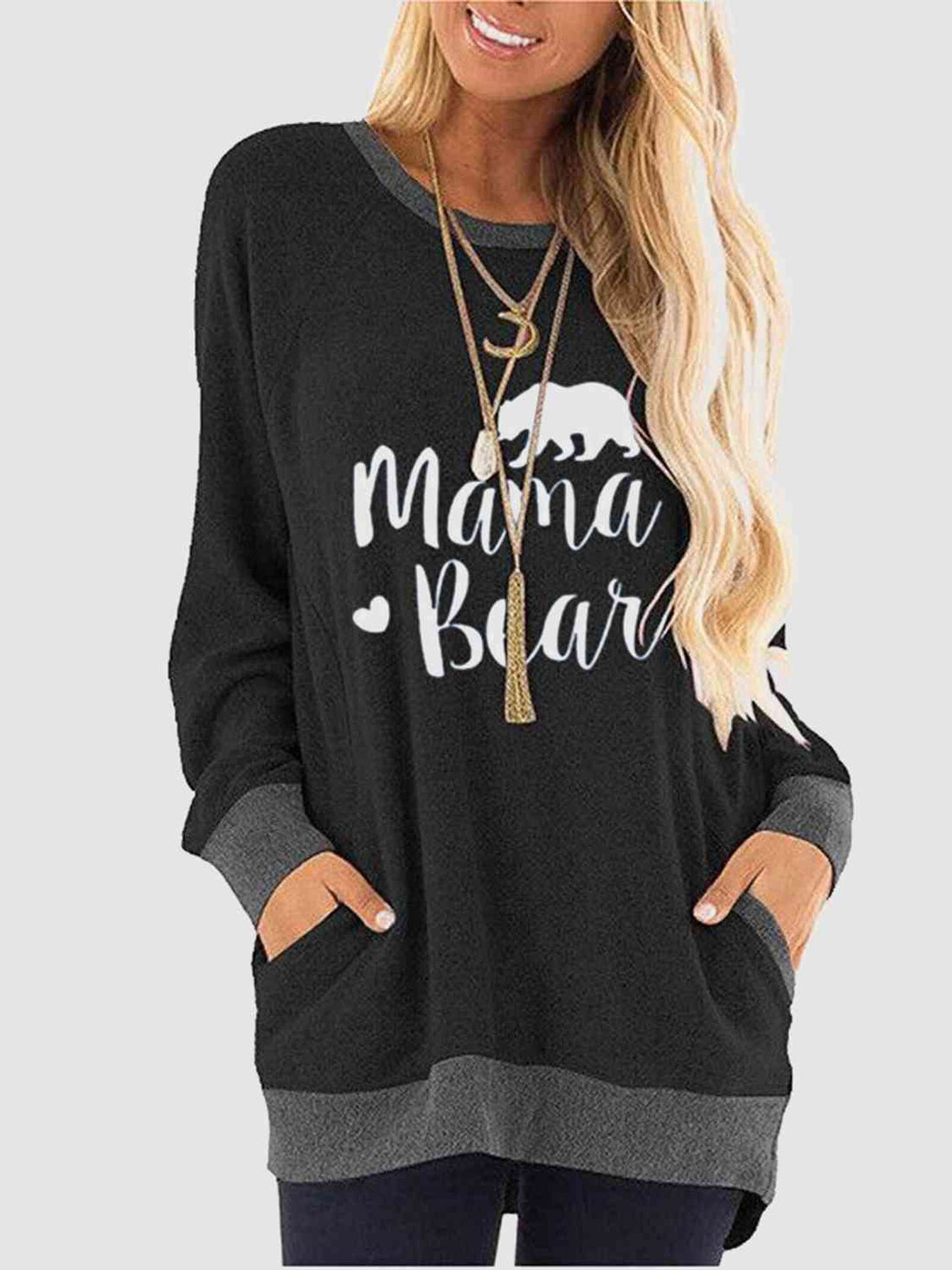 Graphic Round Neck Sweatshirt with Pockets