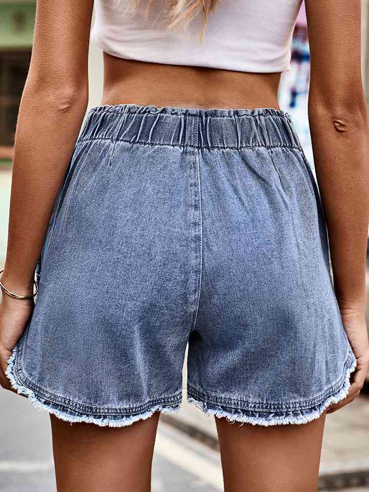 Raw Hem Elastic Waist Denim Shorts