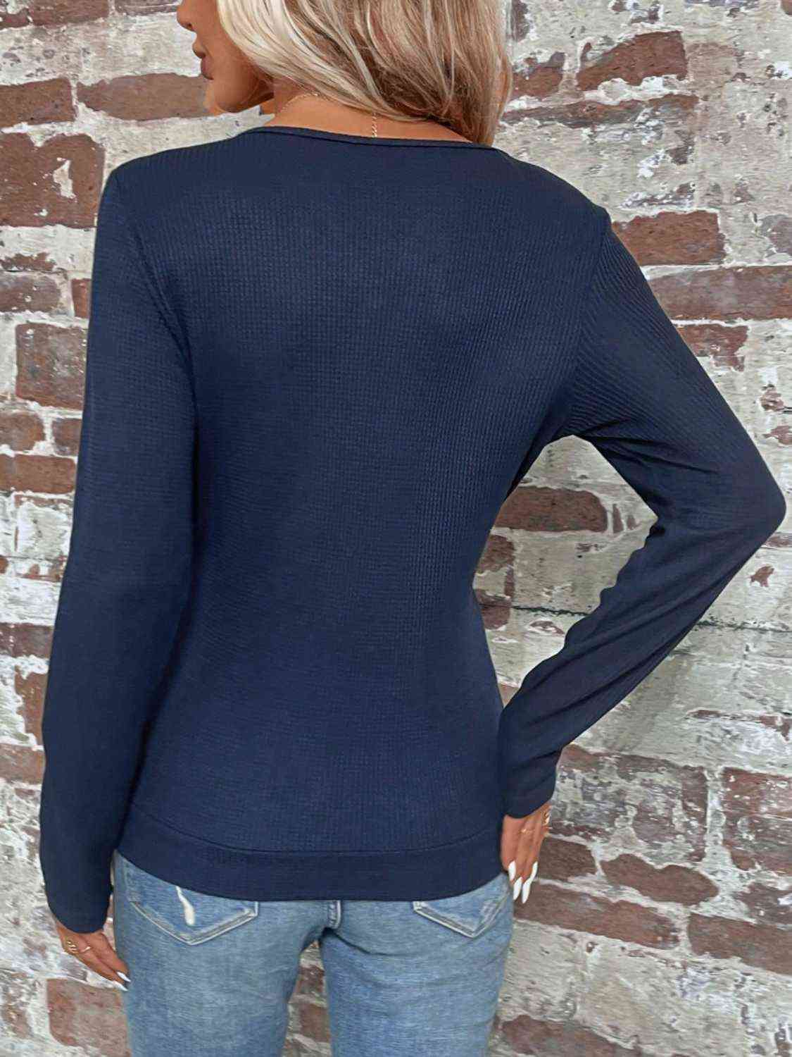Buttoned Surplice Neck Long Sleeve Top