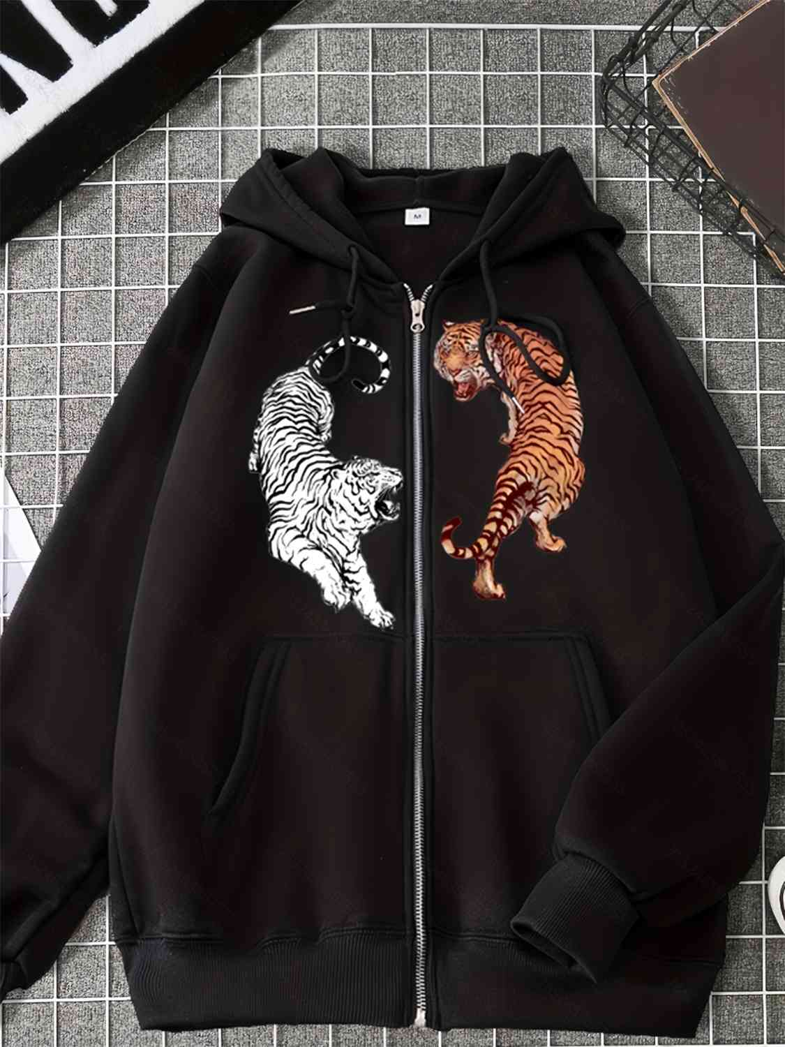 Tiger Graphic Zip Up Drawstring Hoodie with Pockets