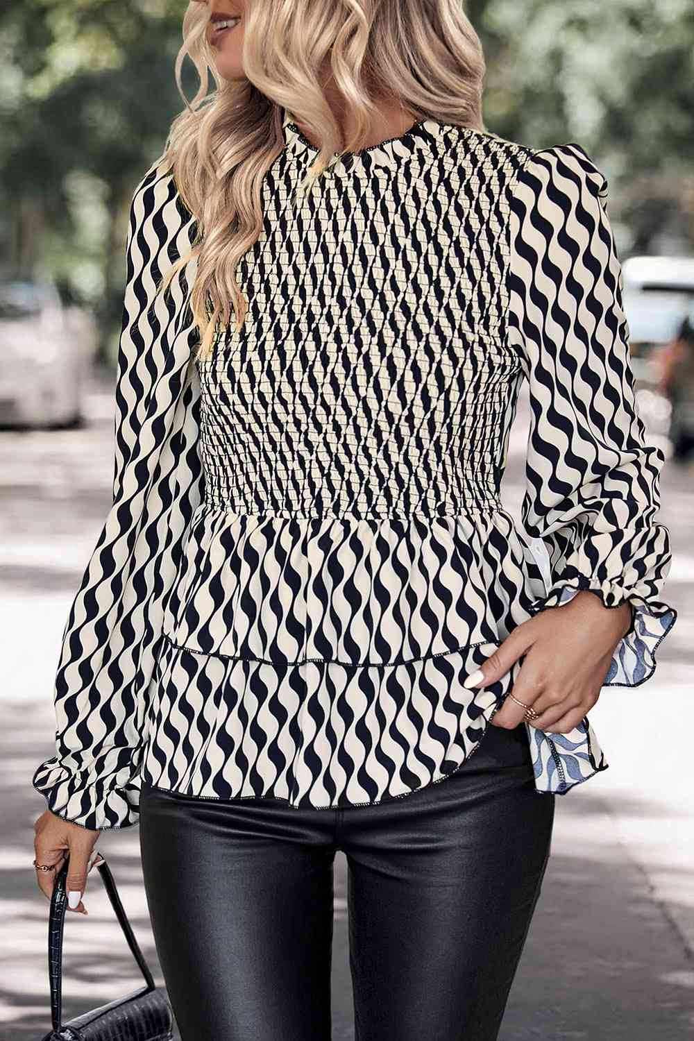 Printed Smocked Flounce Sleeve Blouse