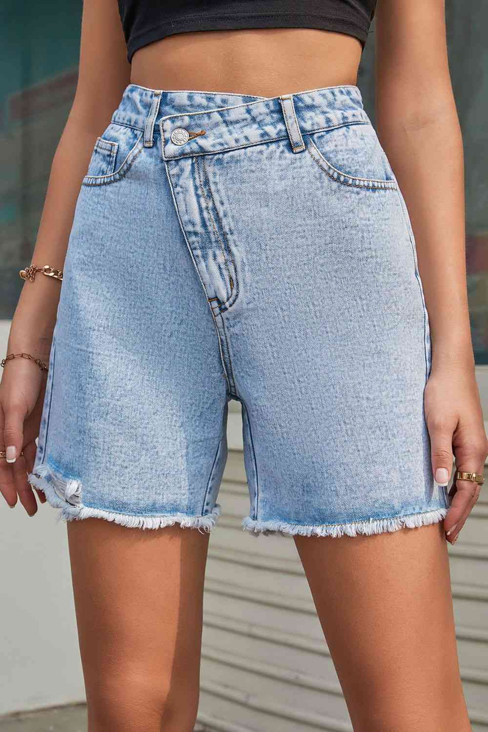 Buttoned Raw Hem Denim Shorts