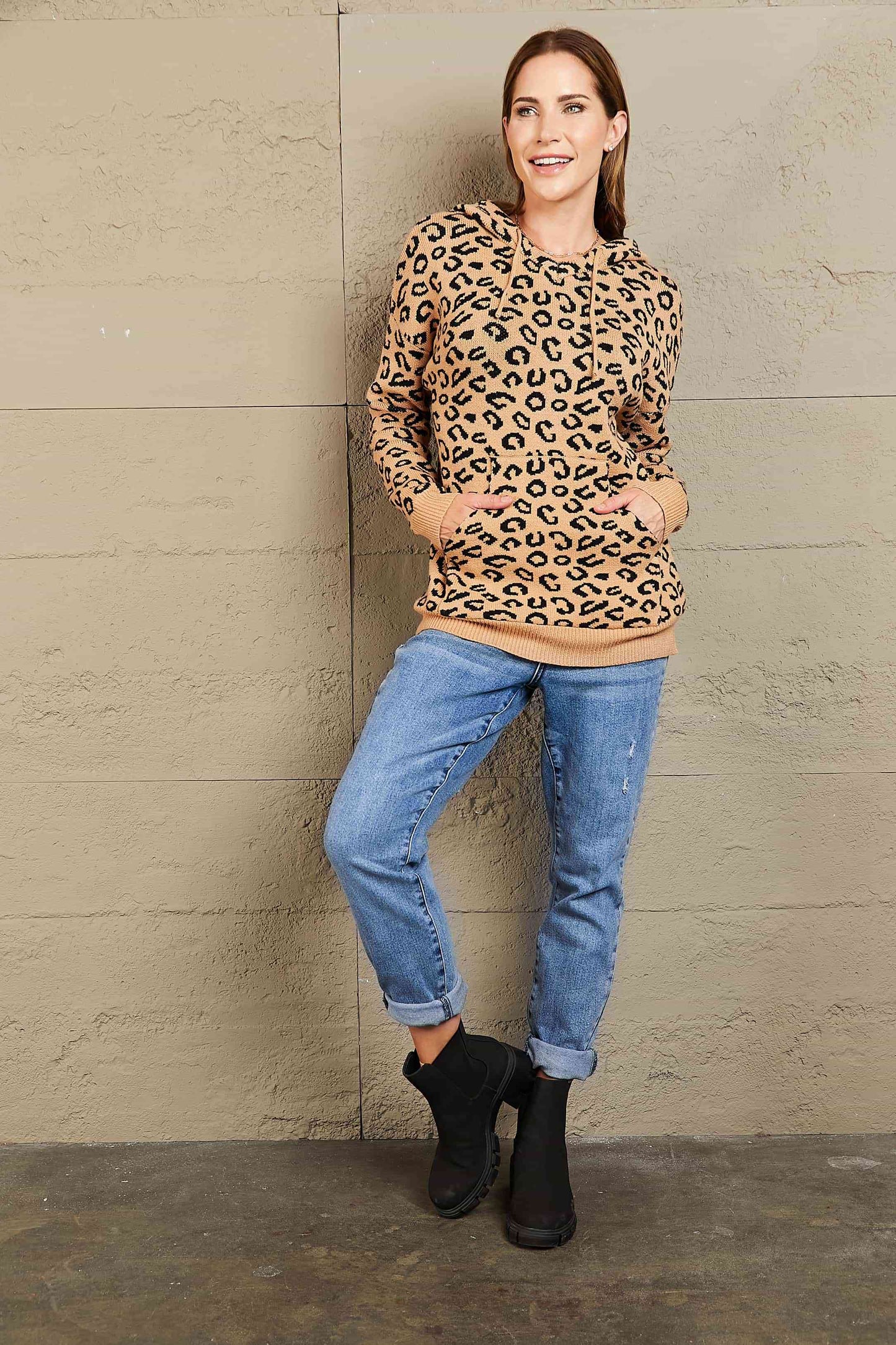Woven Right Leopard Print Drawstring Hooded Sweater