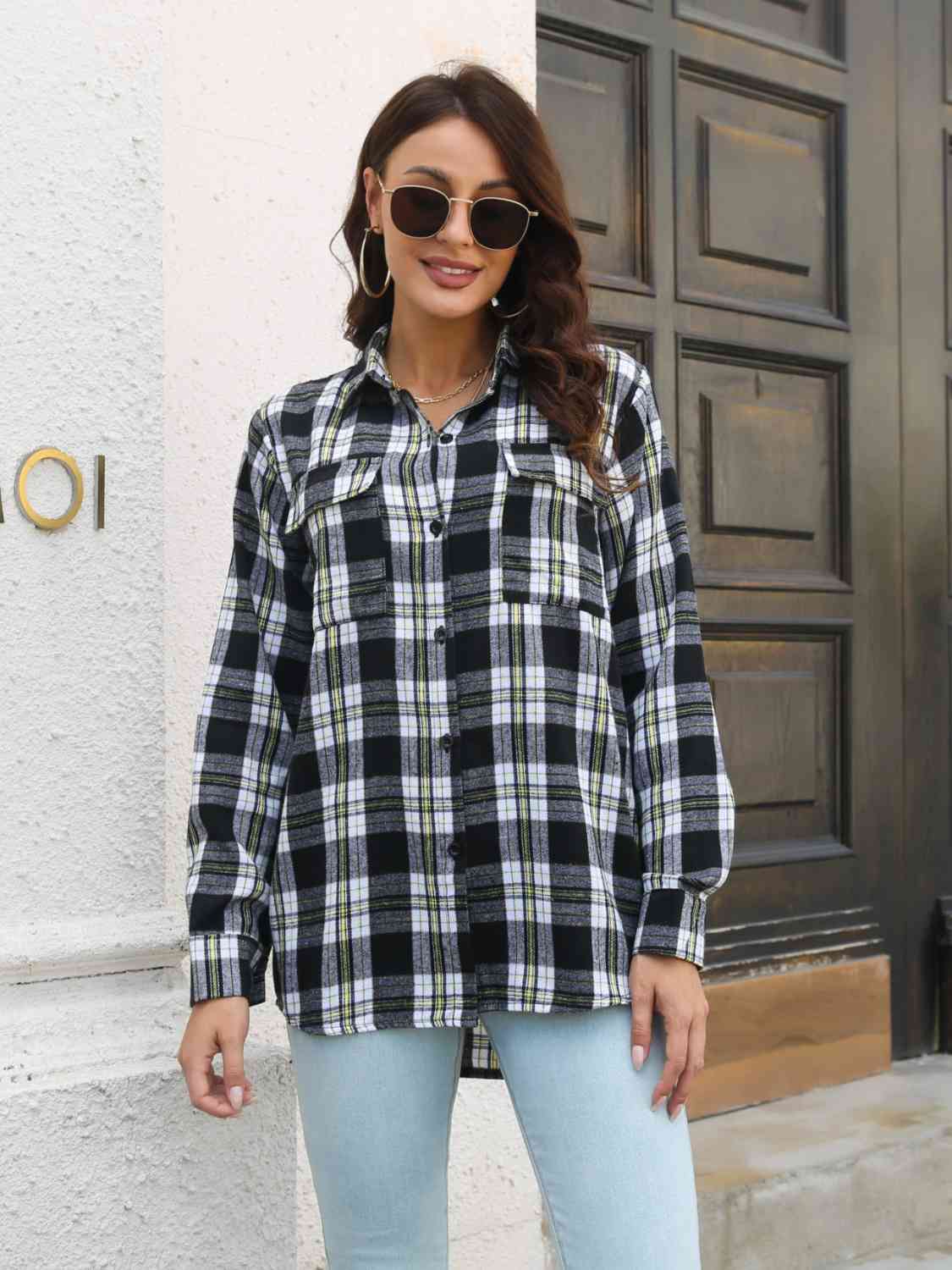Plaid Collared Neck Buttoned Shirt with Pockets