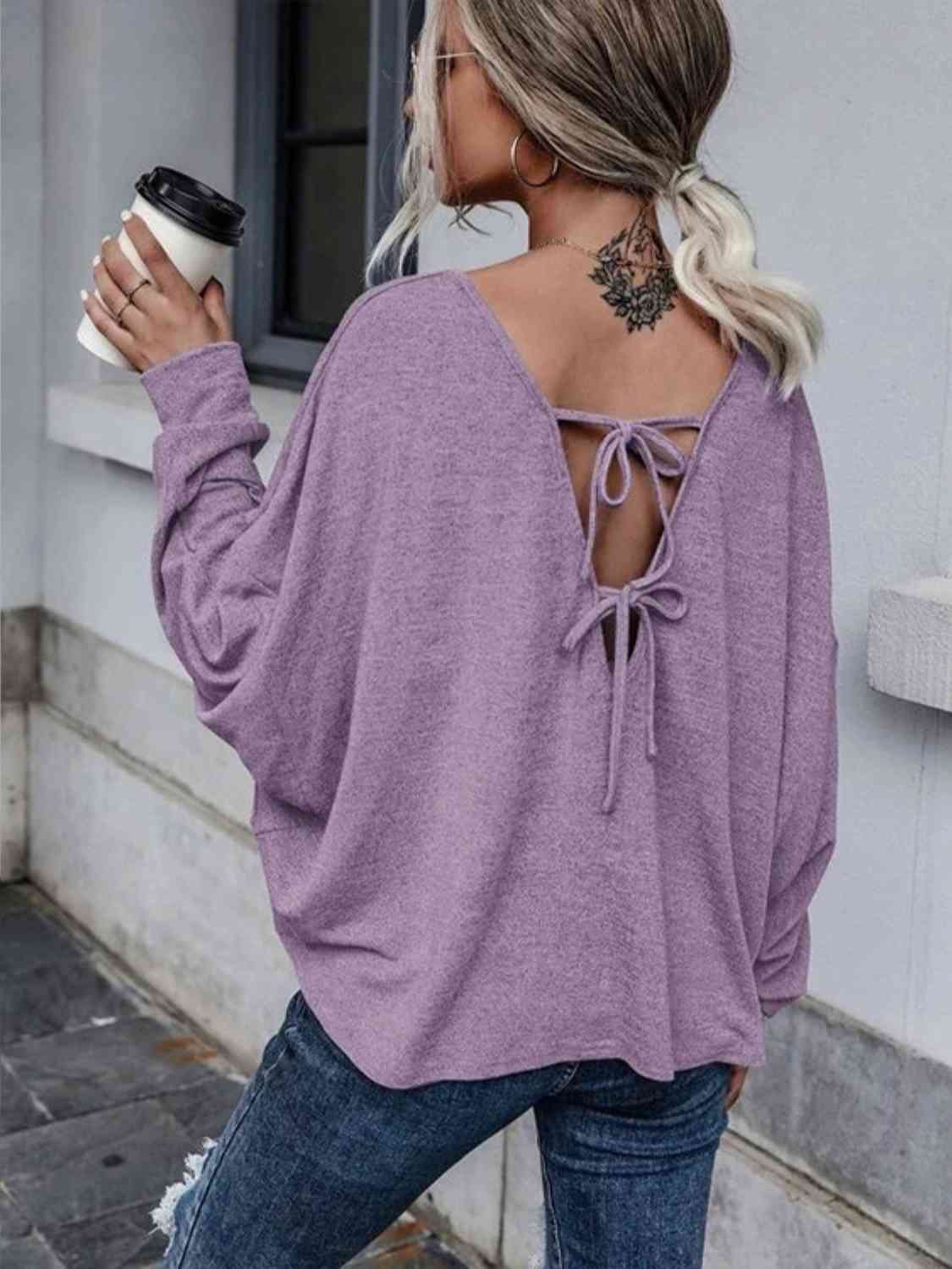 Full Size Round Neck Dropped Shoulder Tied T-Shirt