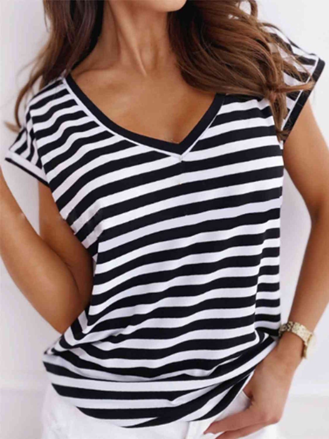 Striped V-Neck Short Sleeve T-Shirt