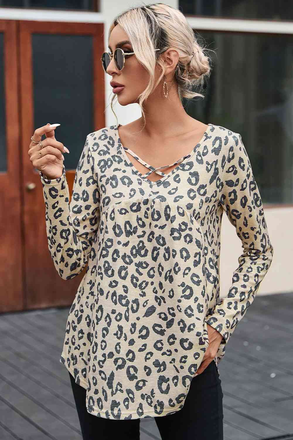 Leopard Crisscross V-Neck T-Shirt