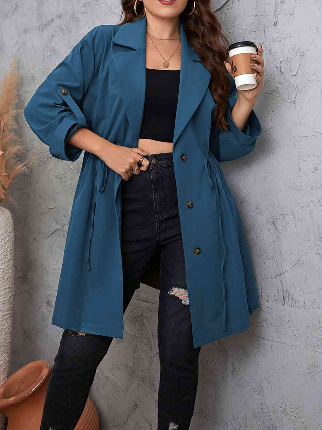 Plus Size Lapel Collar Drawstring Roll-Tab Sleeve Trench Coat