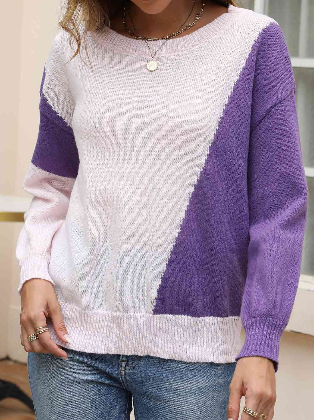 Contrast Round Neck Long Sleeve Knit Top