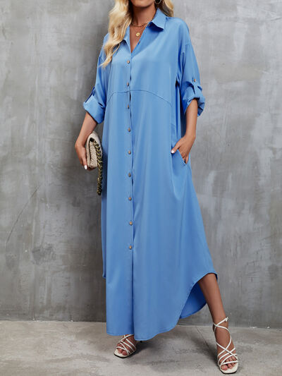 Button Up Dropped Shoulder Roll-Tab Sleeve Dress