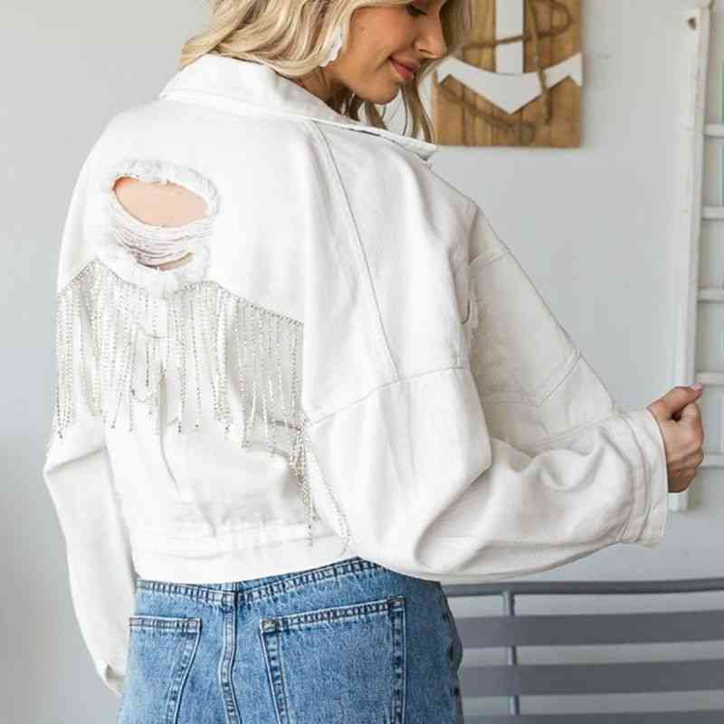 Cropped Collared Neck Dropped Shoulder Denim Jacket