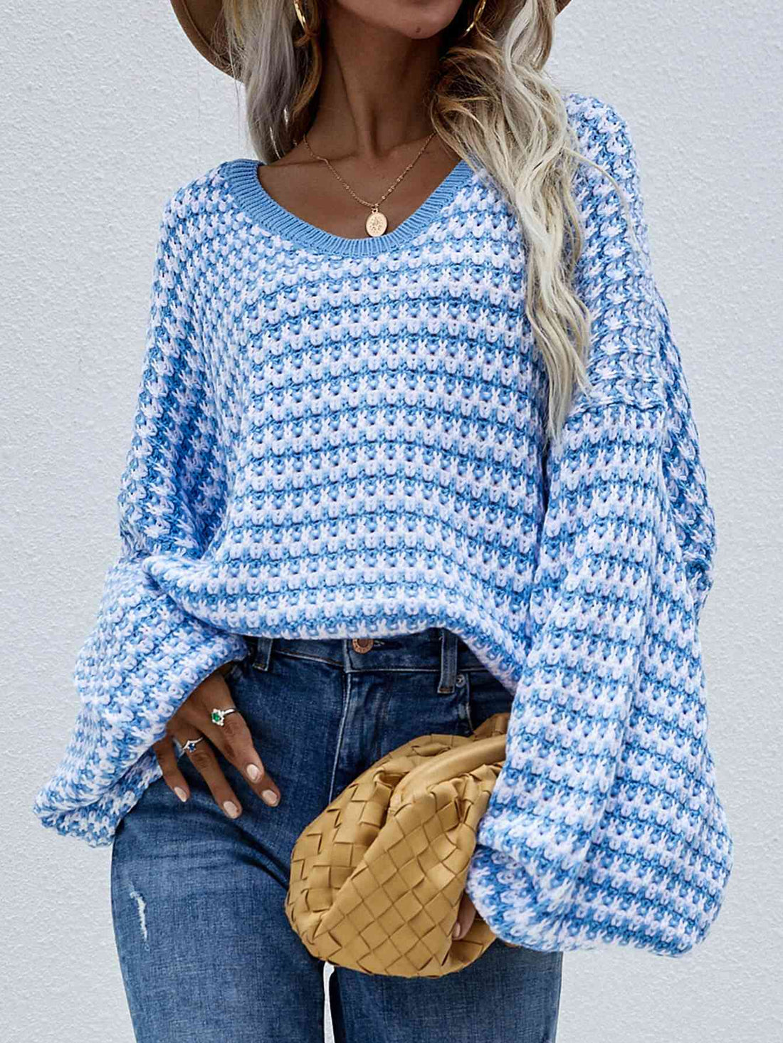 Striped Drop Shoulder V-Neck Pullover Sweater