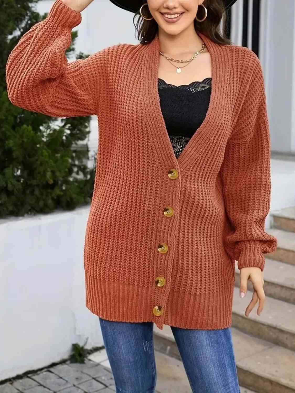 Plus Size Long Sleeve Button Front Cardigan