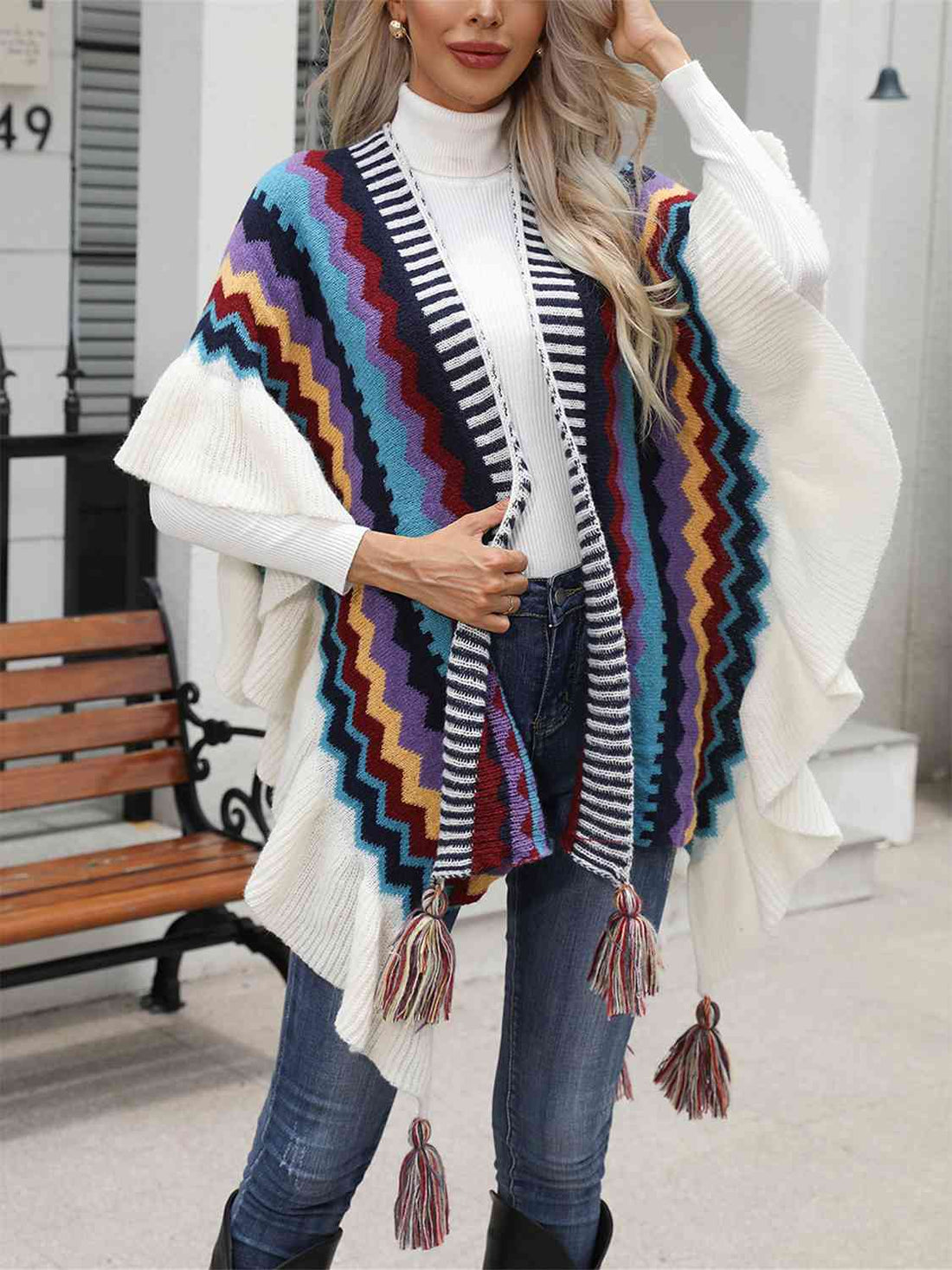 Striped Open Front Poncho with Tassels