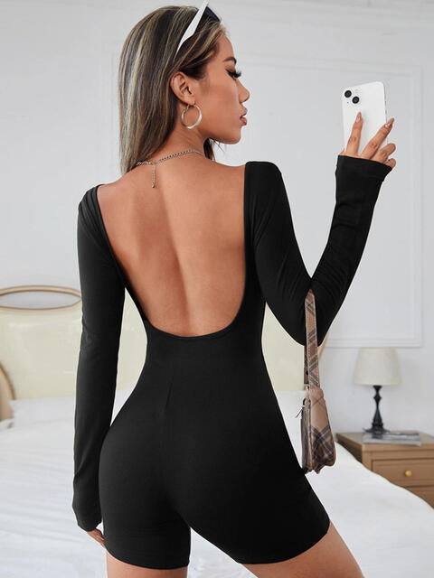 Round Neck Backless Long Sleeve Romper