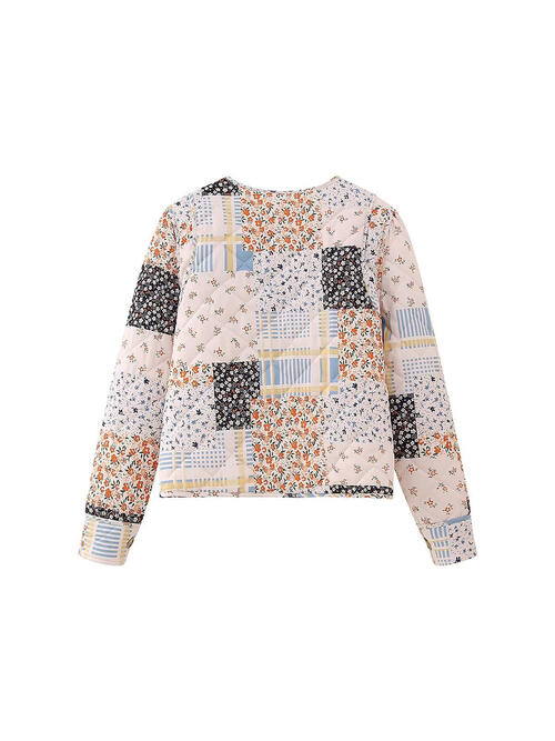 Printed Button Up Quilted Puffer Jacket with Pockets
