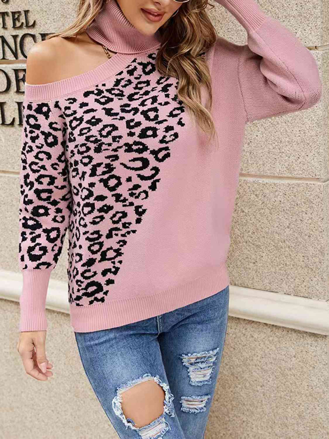 Leopard Turtleneck Cold Shoulder Long Sleeve Sweater