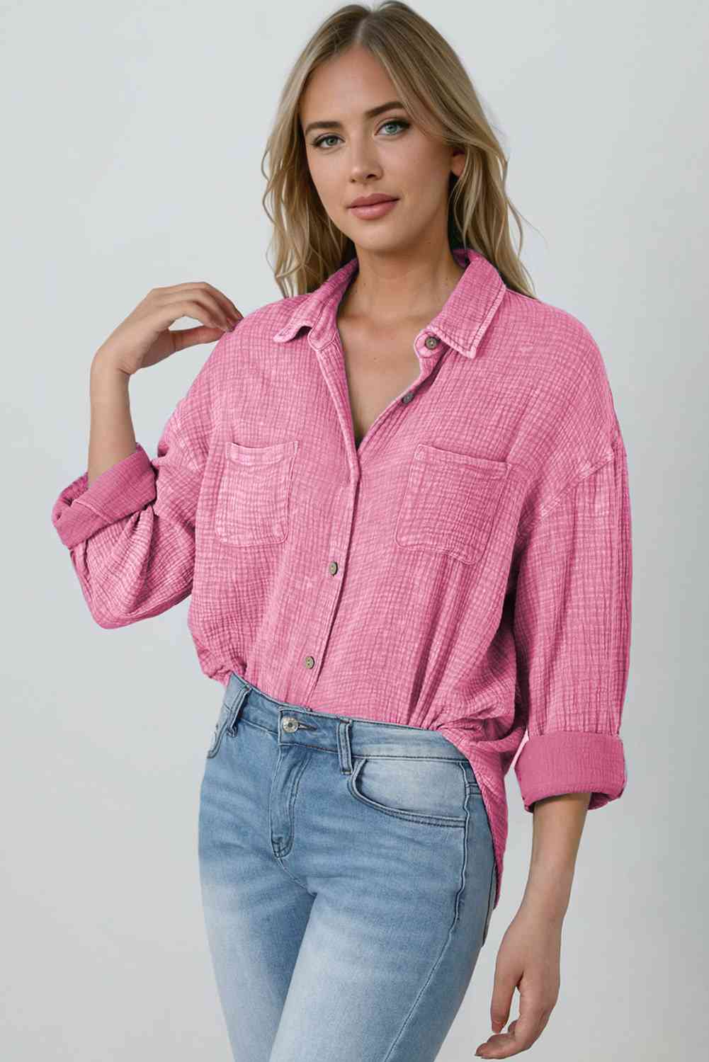 Mineral Wash Crinkle Textured Chest Pockets Shirt