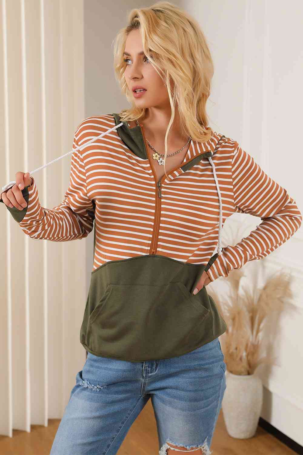 Striped Color Block Drawstring Hoodie