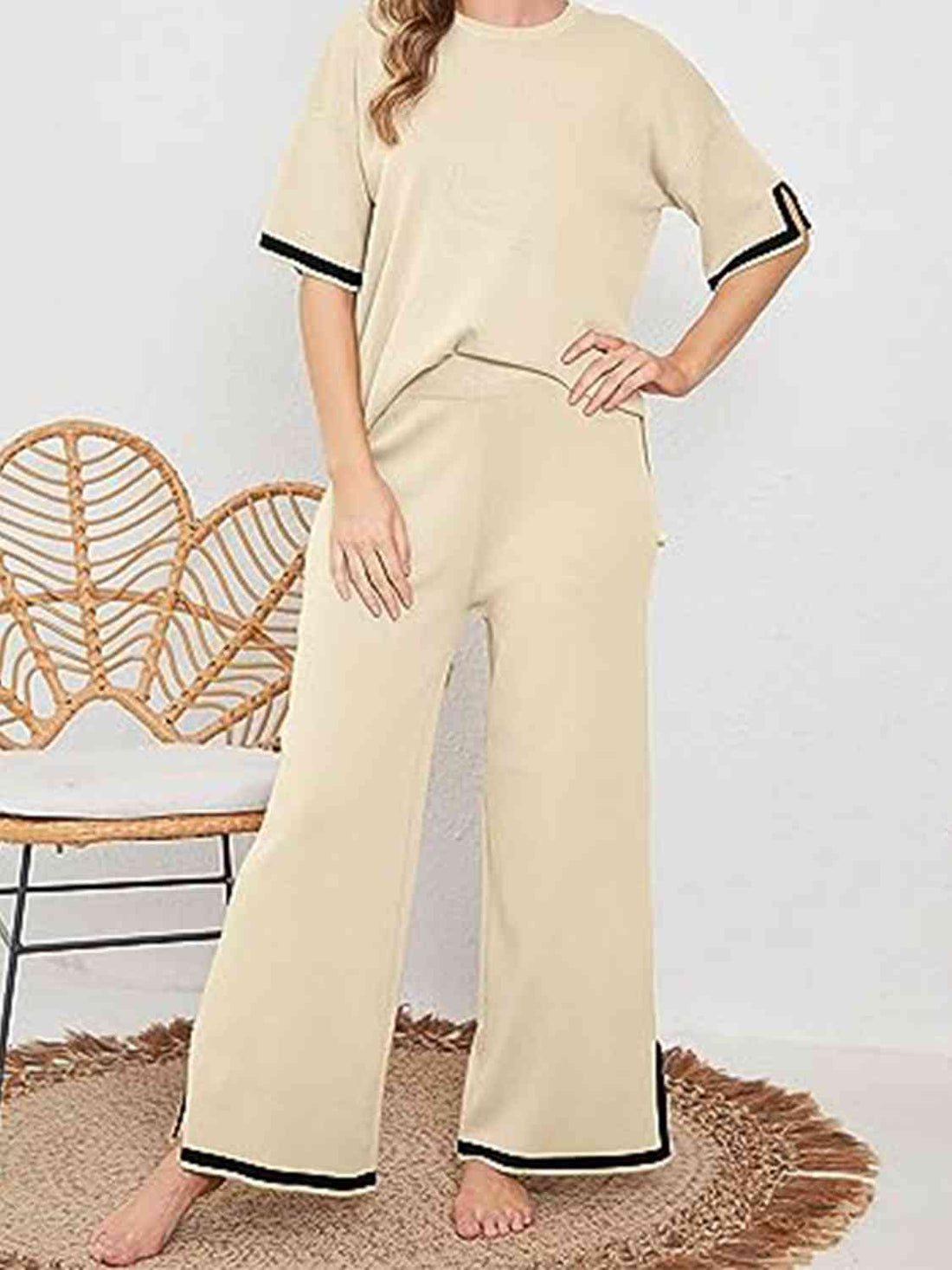 Contrast High-Low Sweater and Knit Pants Set