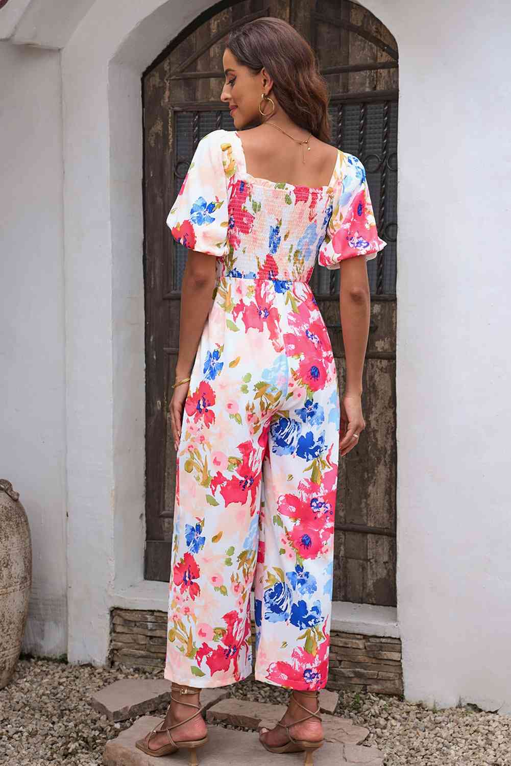 Floral Smocked Square Neck Jumpsuit