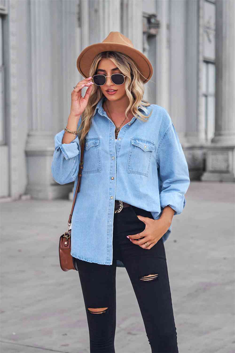 Collared Neck Dropped Shoulder Denim Top