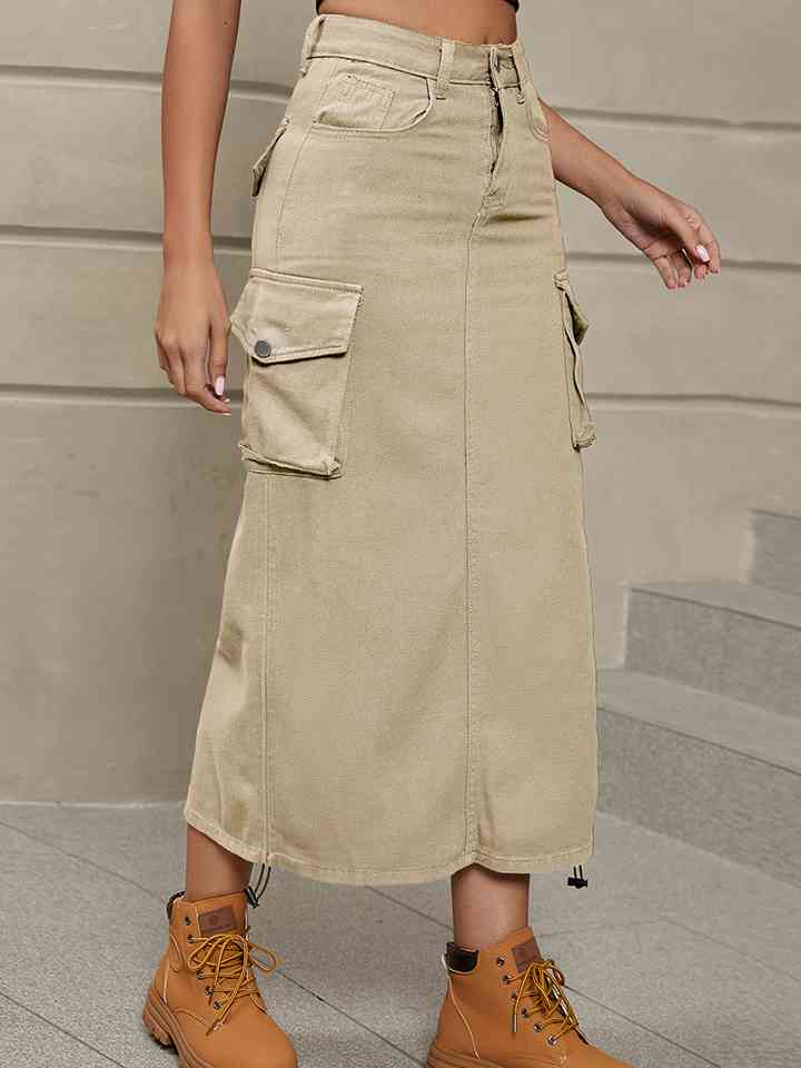 Drawstring Denim Skirt with Pockets