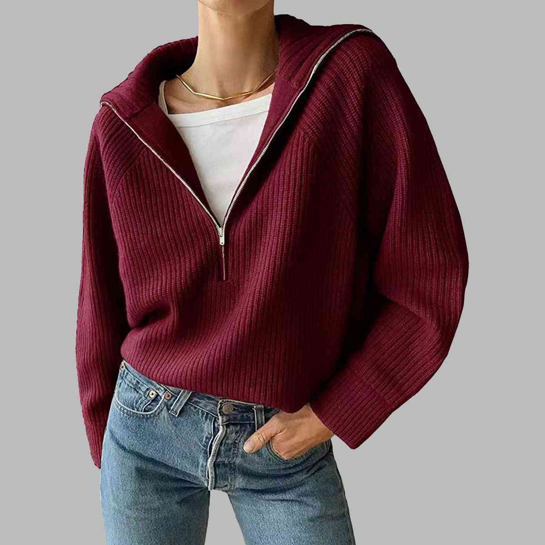 HaIf Zip Long Sleeve Knit Top