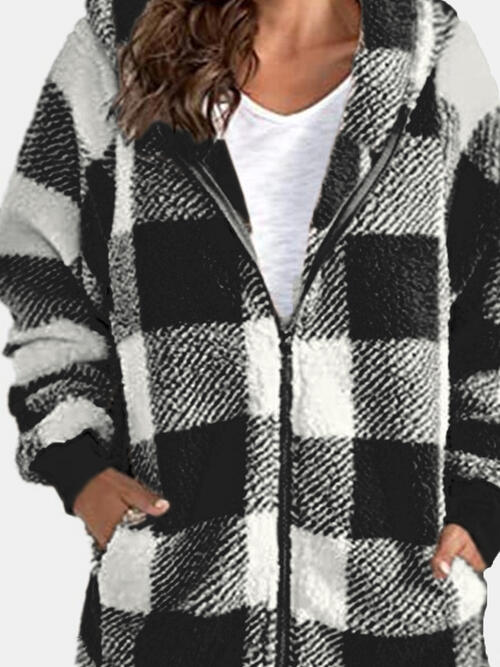 Plaid Zip Up Hooded Jacket with Pockets