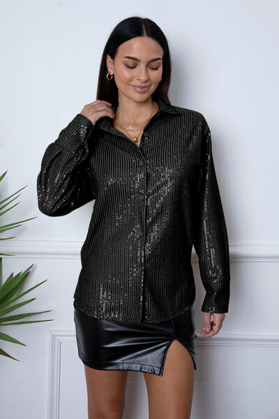 Sequin Collared Neck Long Sleeve Shirt