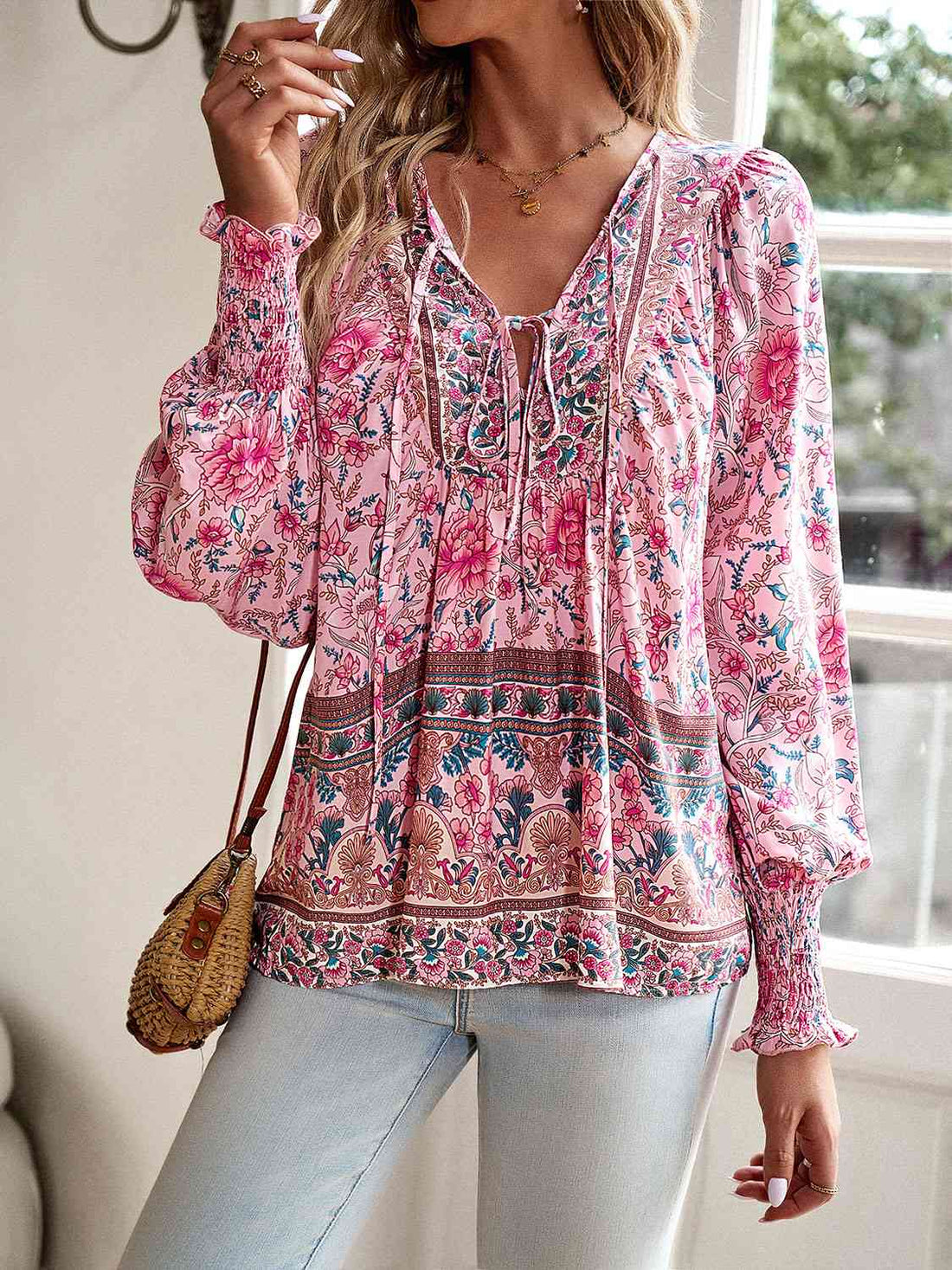 Bohemian Tie Neck Lantern Sleeve Blouse