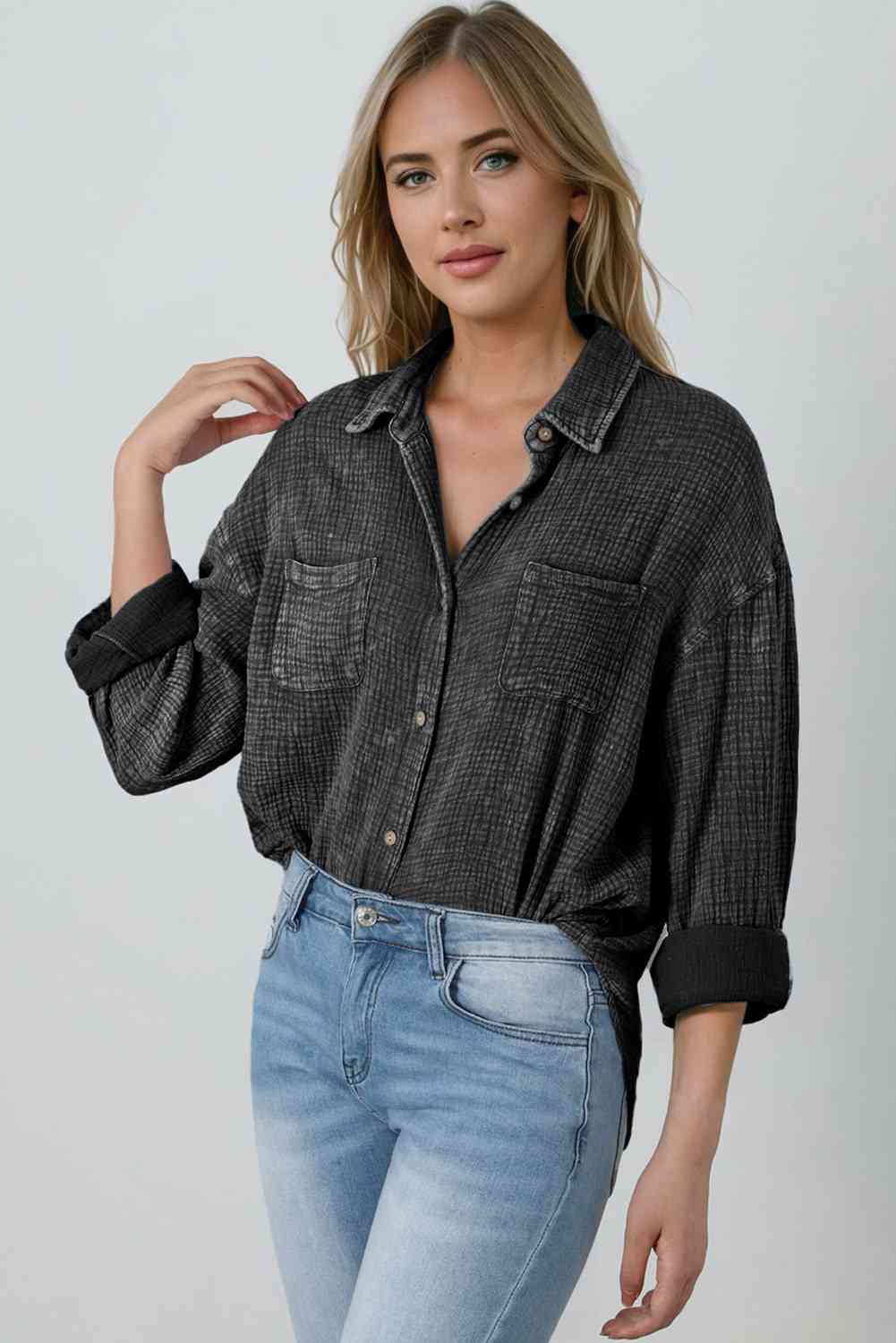 Mineral Wash Crinkle Textured Chest Pockets Shirt