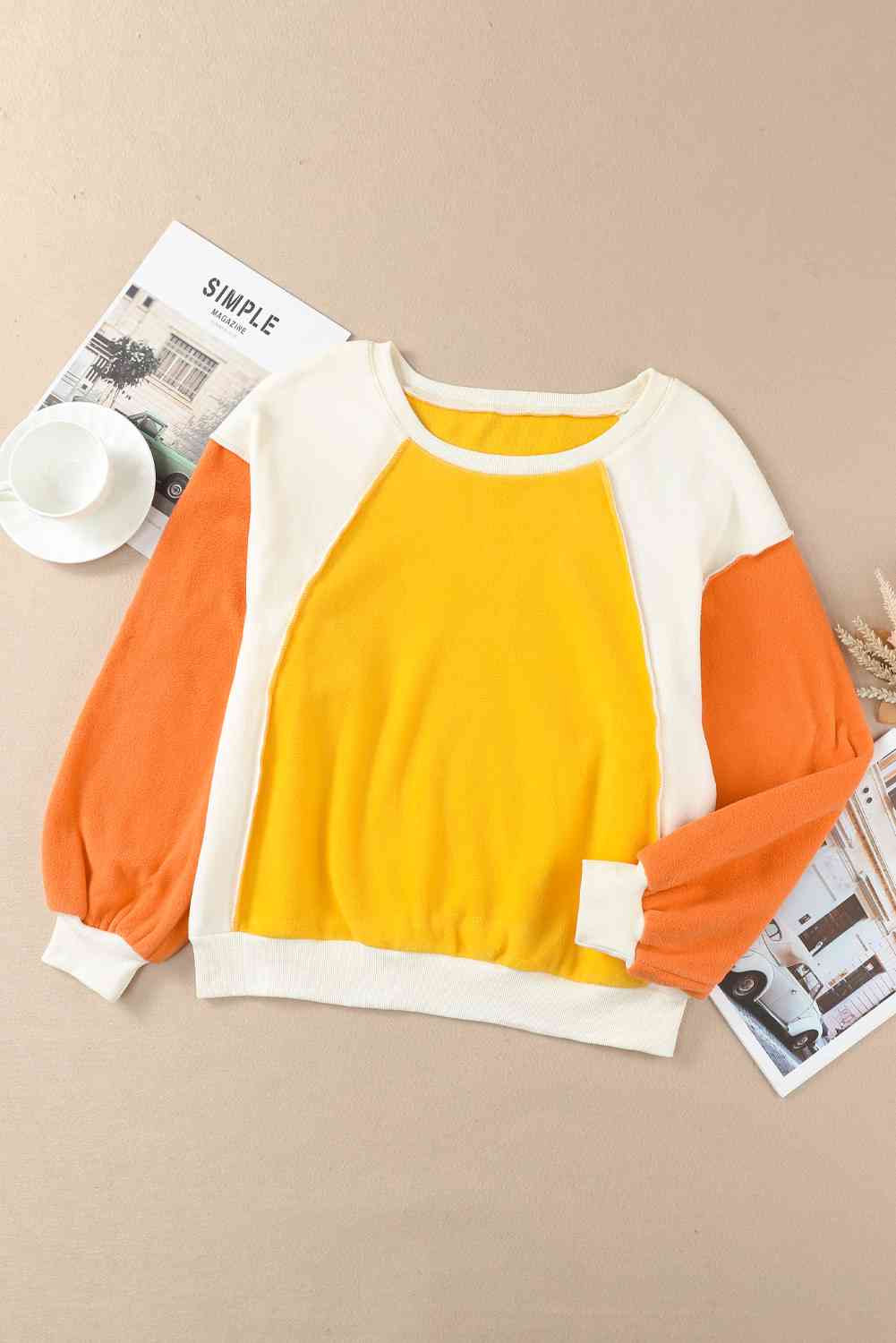 Round Neck Dropped Shoulder Color Block Sweatshirt