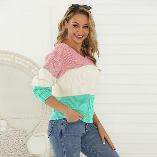 Color Block V-Neck Long Sleeve Sweater