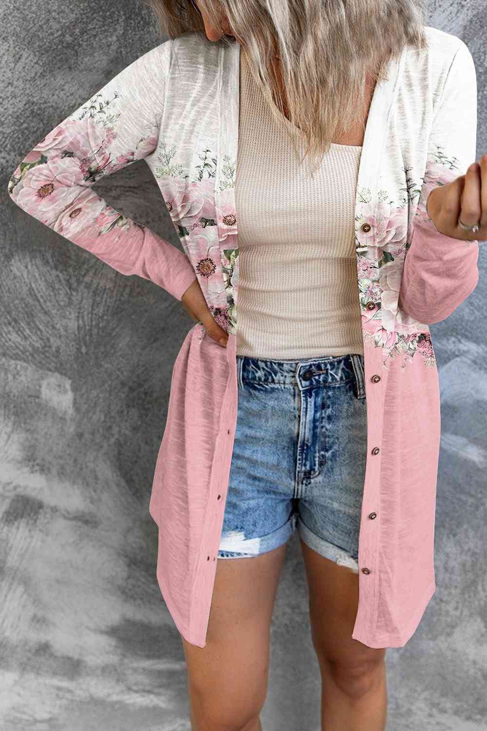 Printed Button Up Long Sleeve Cardigan